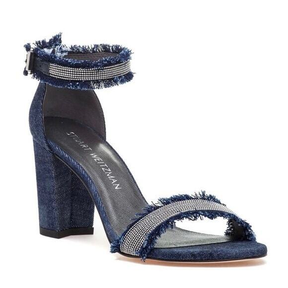 Stuart Weitzman Denim Chaingang Sandal Fringe Open Toe Blue Heel Ankle Strap 10 - Picture 1 of 8